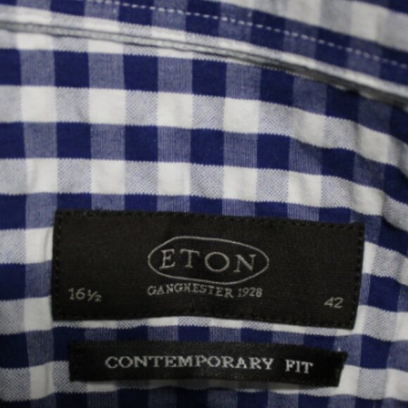 ETON SZ 16.5  Blue & White Gingham Men's Long Sleeve Button Up Shirt - Picture 4 of 7